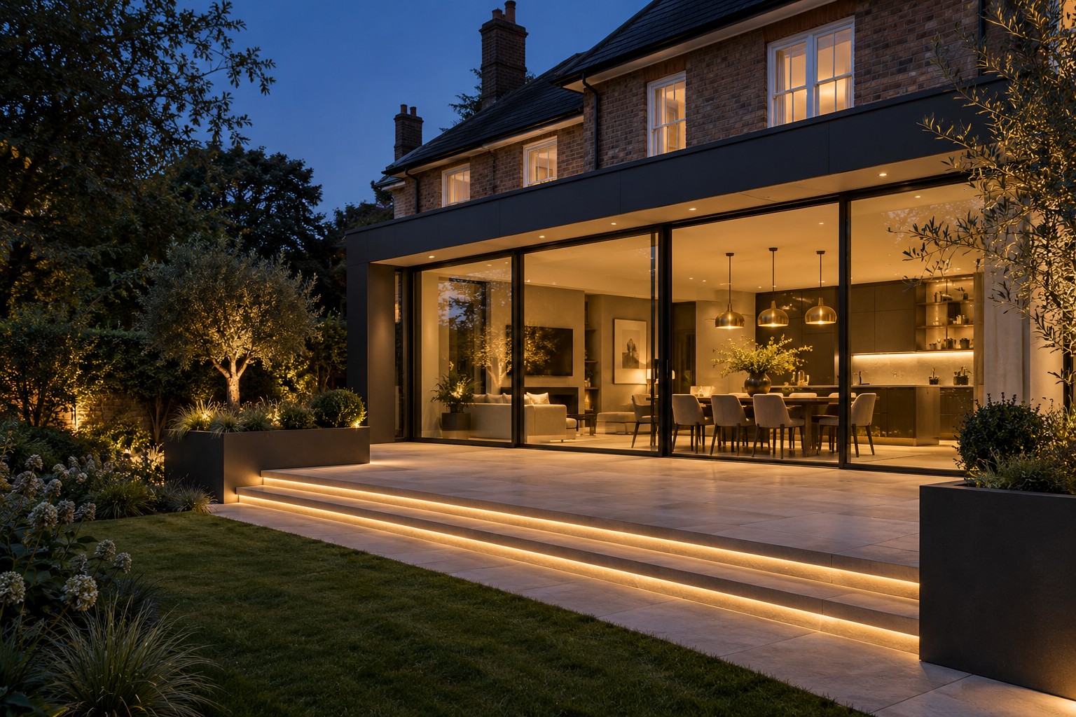 Illustrative contemporary home extension with warm lighting and a landscaped terrace at dusk